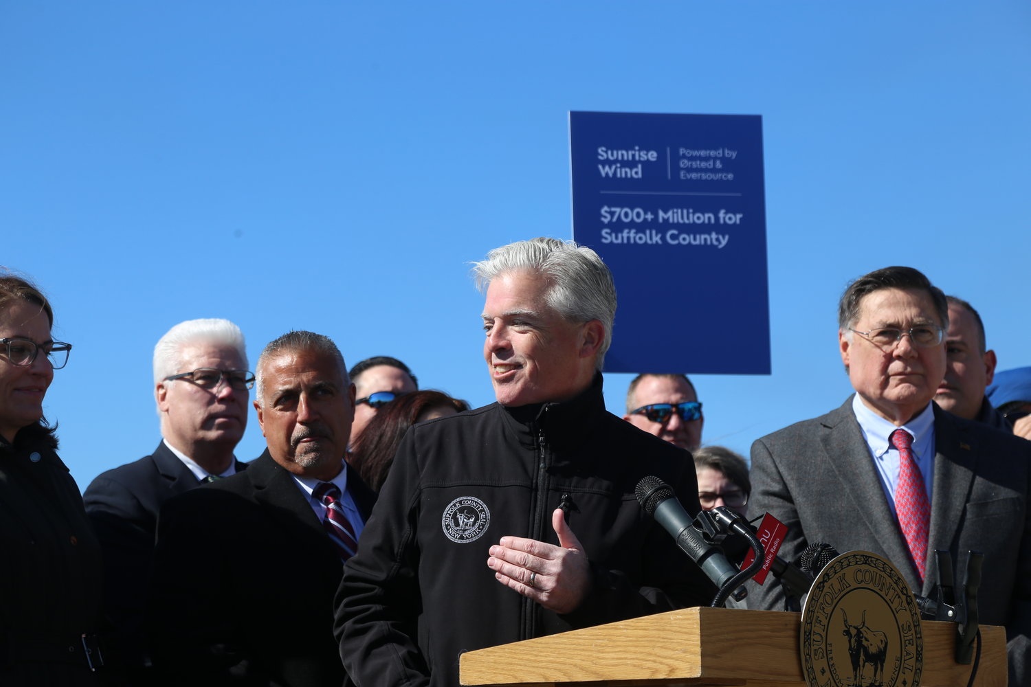 County executive Steve Bellone and town supervisor Ed Romaine speak about the wind project.