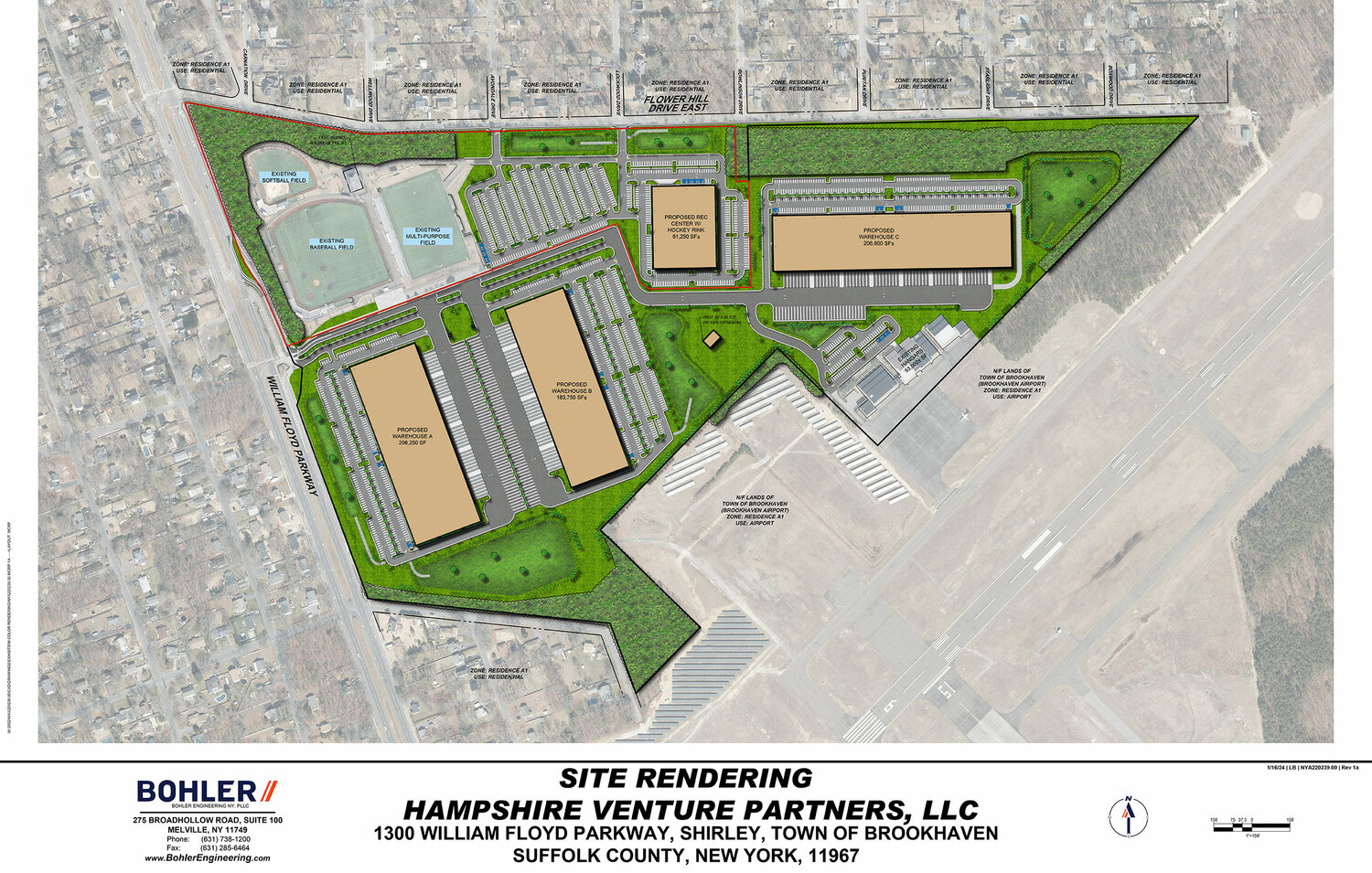 Site plan

The rendering of the proposed redevelopment of the former Dowling College campus in Shirley shows the proposed location of the planned hockey arena and three industrial buildings. Renderings provided.